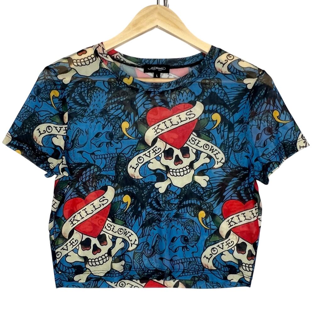 Ed Hardy MESH LAYERED LKS SKULL Tattoo Cropped BABY TEE Women's Top L